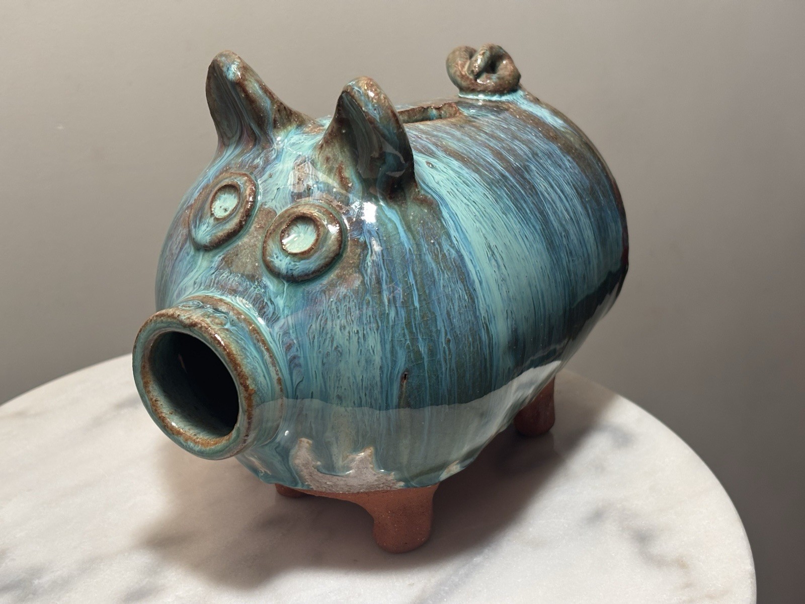 Vintage Studio Art Pottery Piggy Bank Blue Drip Glaze Signed Folk Art Ceramic Vintage Studio Art Pottery Piggy Bank Blue Drip Glaze Signed Folk Art Ceramic