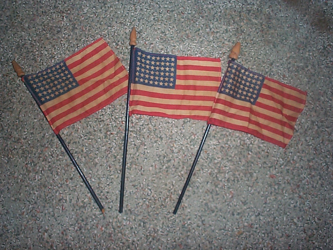 Antique 48 Star American Parade Flags on stick lot of 3 5 1/2 x 4 Antique 48 Star American Parade Flags on stick lot of 3 5 1/2 x 4