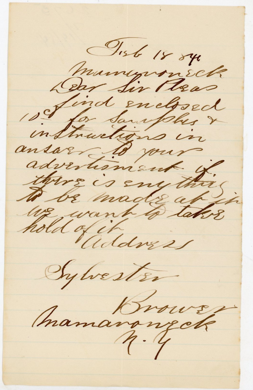 1884 Antique Letter Sylvester Brower Mamaroneck NY Westchester County Ephemera