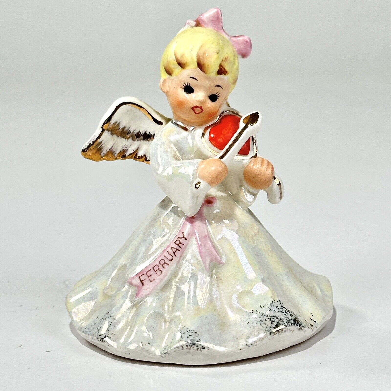 Vintage Valentine February Angel Birthday Figurine Pearlescent Heart Fiddle