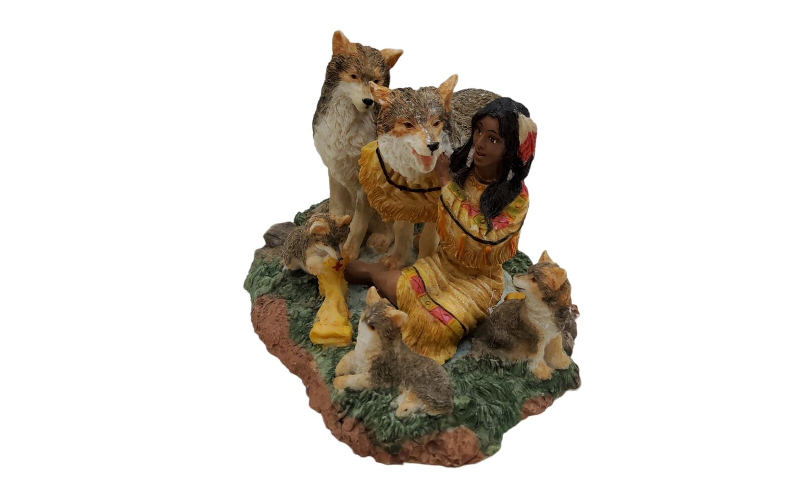 vintage 1980s youngs resin american indian princess with wolves figurine.