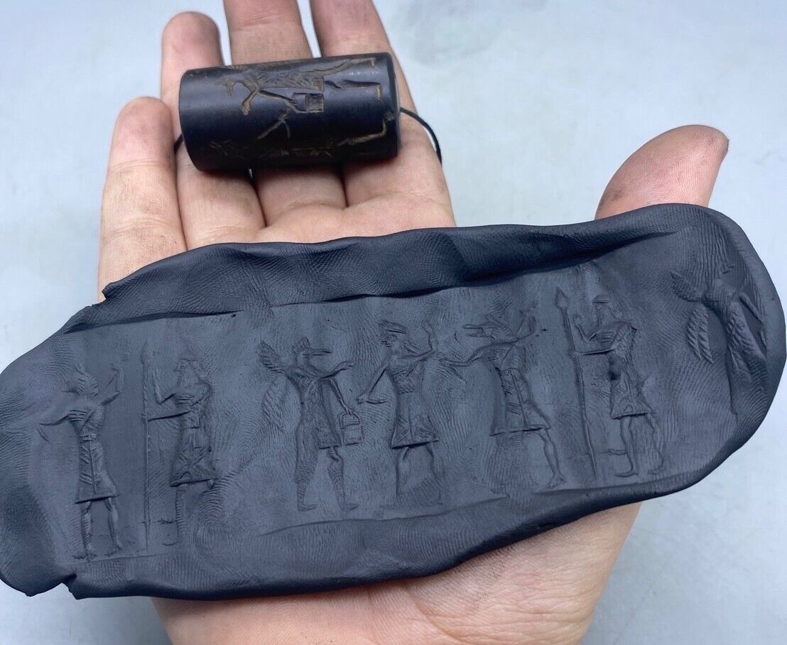 SUPERB Ancient Natural Black Stone Cylinder Seal Stamp Engraved Stone Sassanian