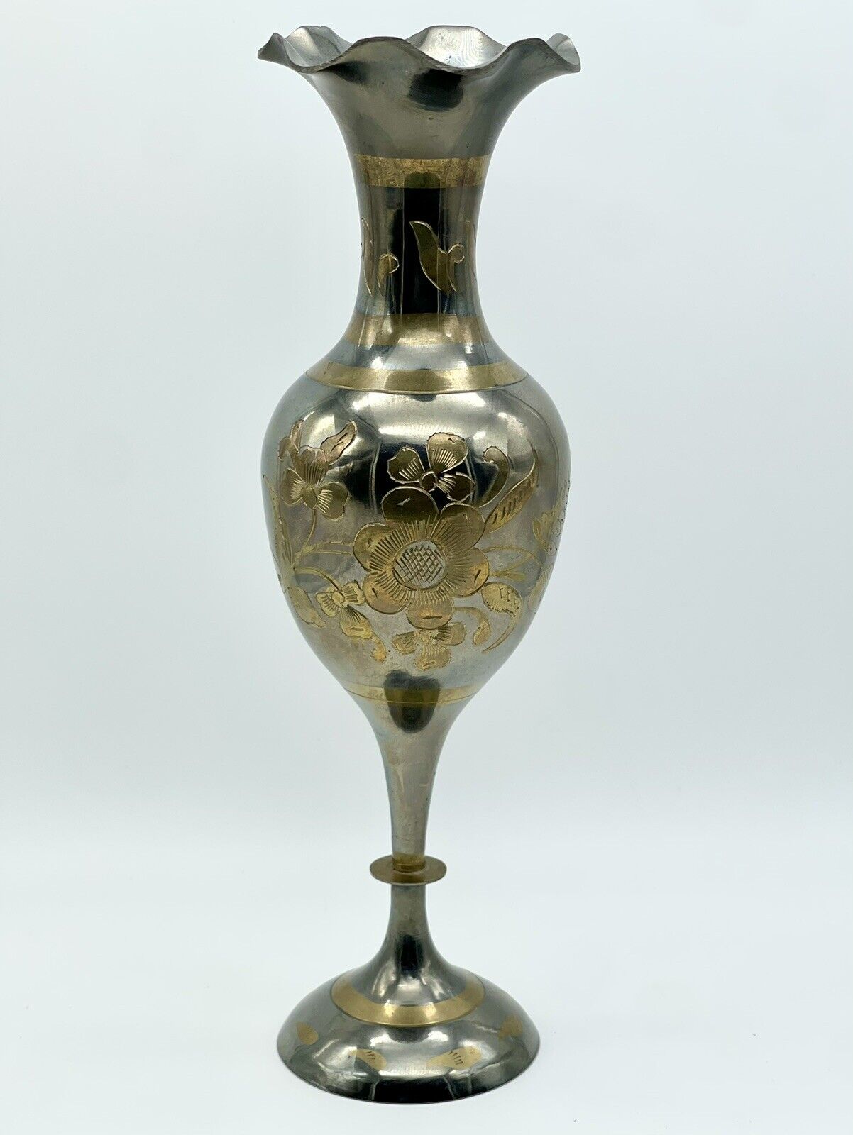 Solid Brass Etched Floral Vase Engraved Flower Design Scallop Wave Rim
