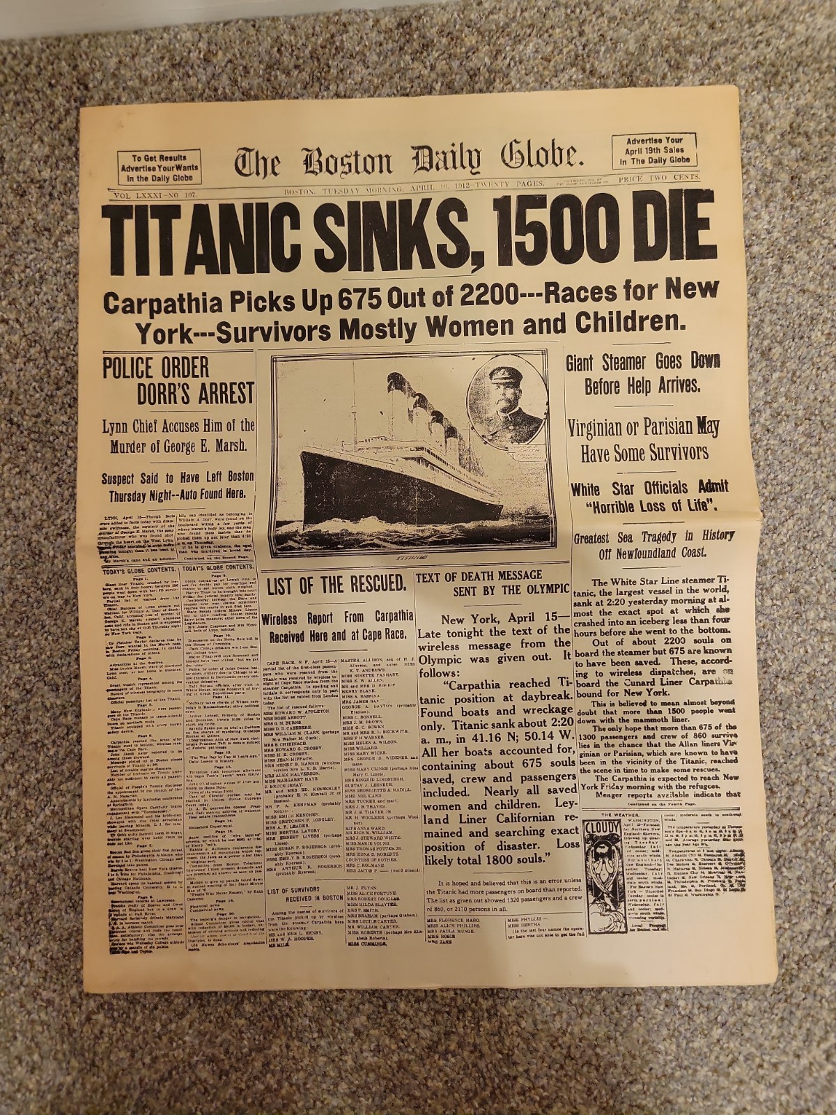 The Boston Dayly Globe Titanic Sinks Newspaper  Multiple News Reproduction 1912