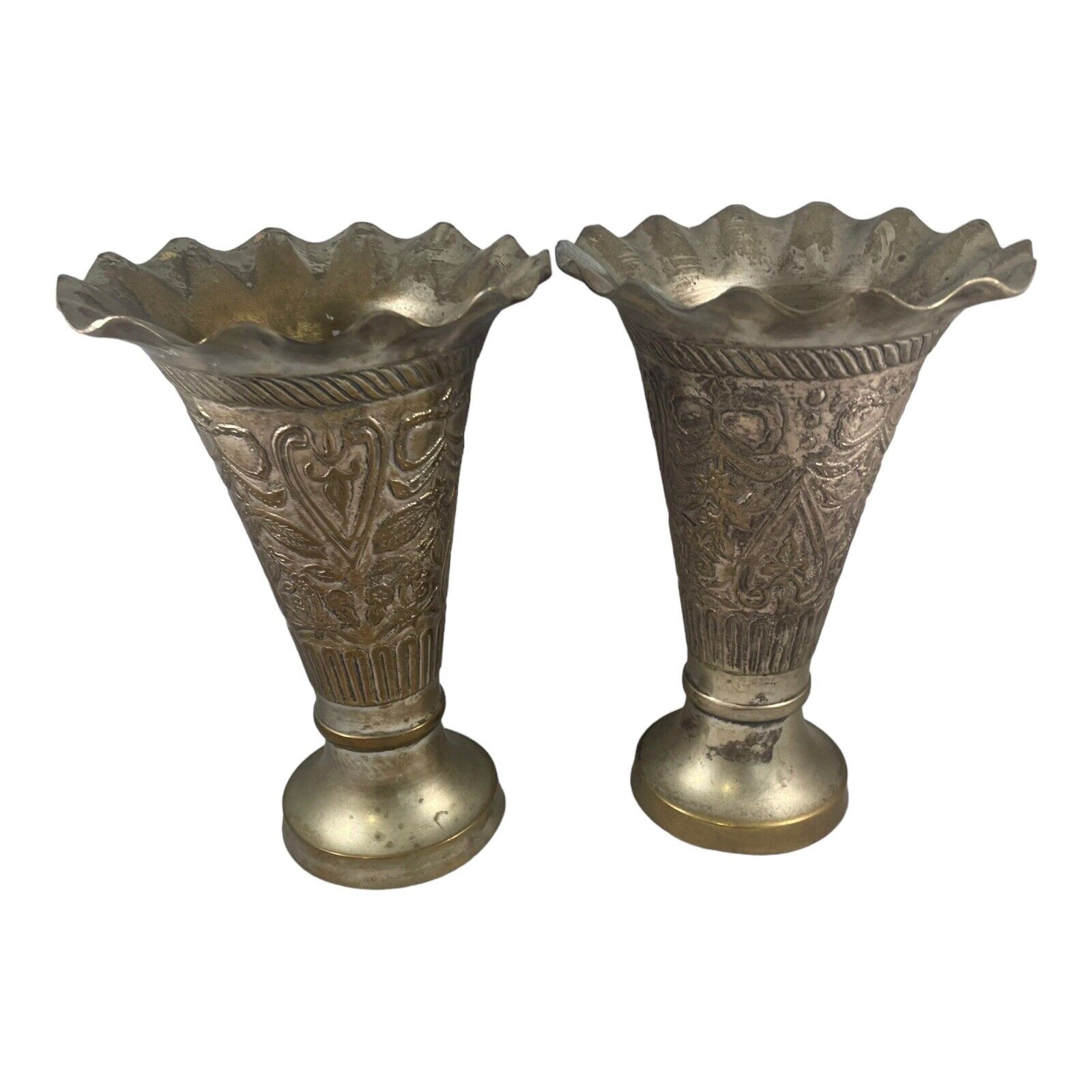 Set Of 2 Vintage Brass  Etched Embossed Fluted Vases Made In India