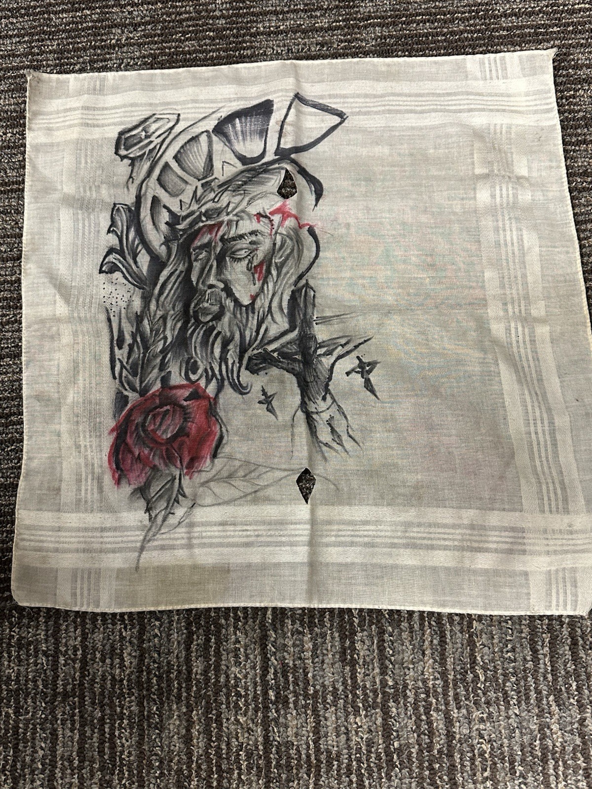 Vintage Chicano Pano Arte Prison Handkerchief Jesus