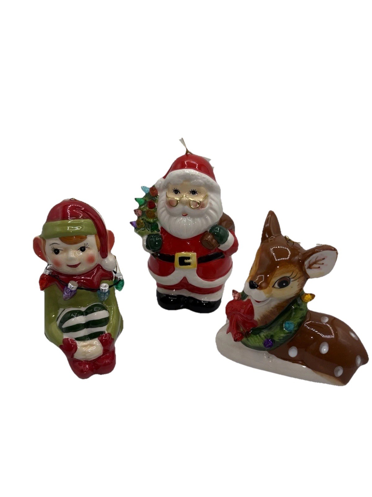 Mr. Christmas Ceramic Light Up Santa, Elf, Reindeer Ornament Set 3