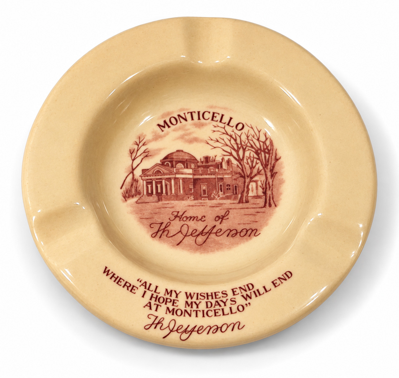 Vintage Monticello Ashtray Carr China Glo-Tan Jefferson Quote 4.5\