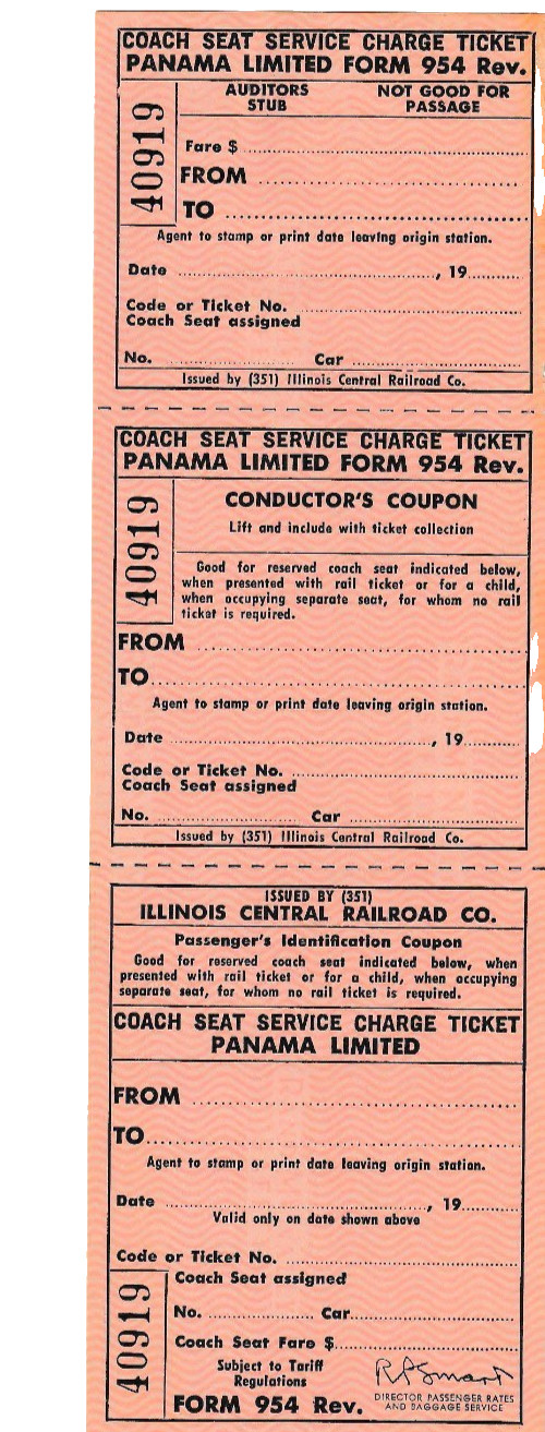 Vintage Illinois Central Panama Limited Railroad Coach Seat Ticket IC #40919