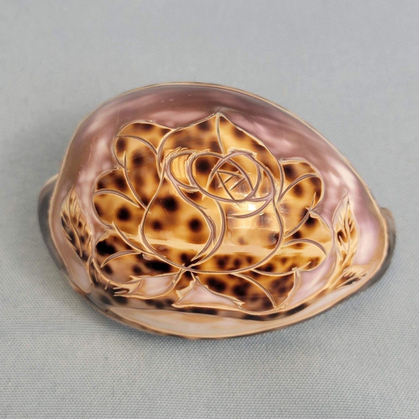 Vintage Carved Cowrie Shell Rose Floral Design Polished Seashell Decor