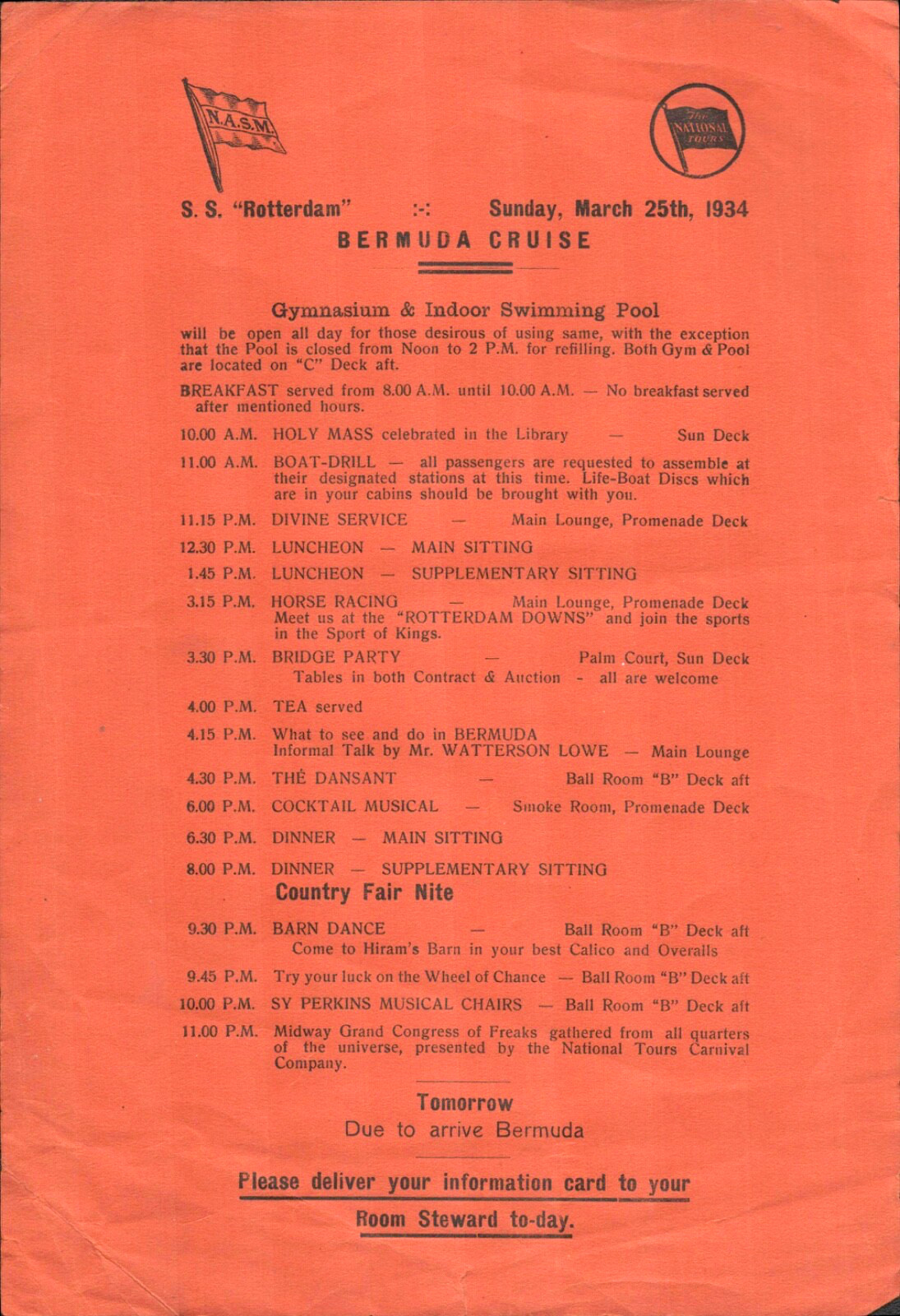 1934 May 25 BERMUDA CRUISE ABOARD S.S. ROTTERDAM vintage ship itinerary schedule