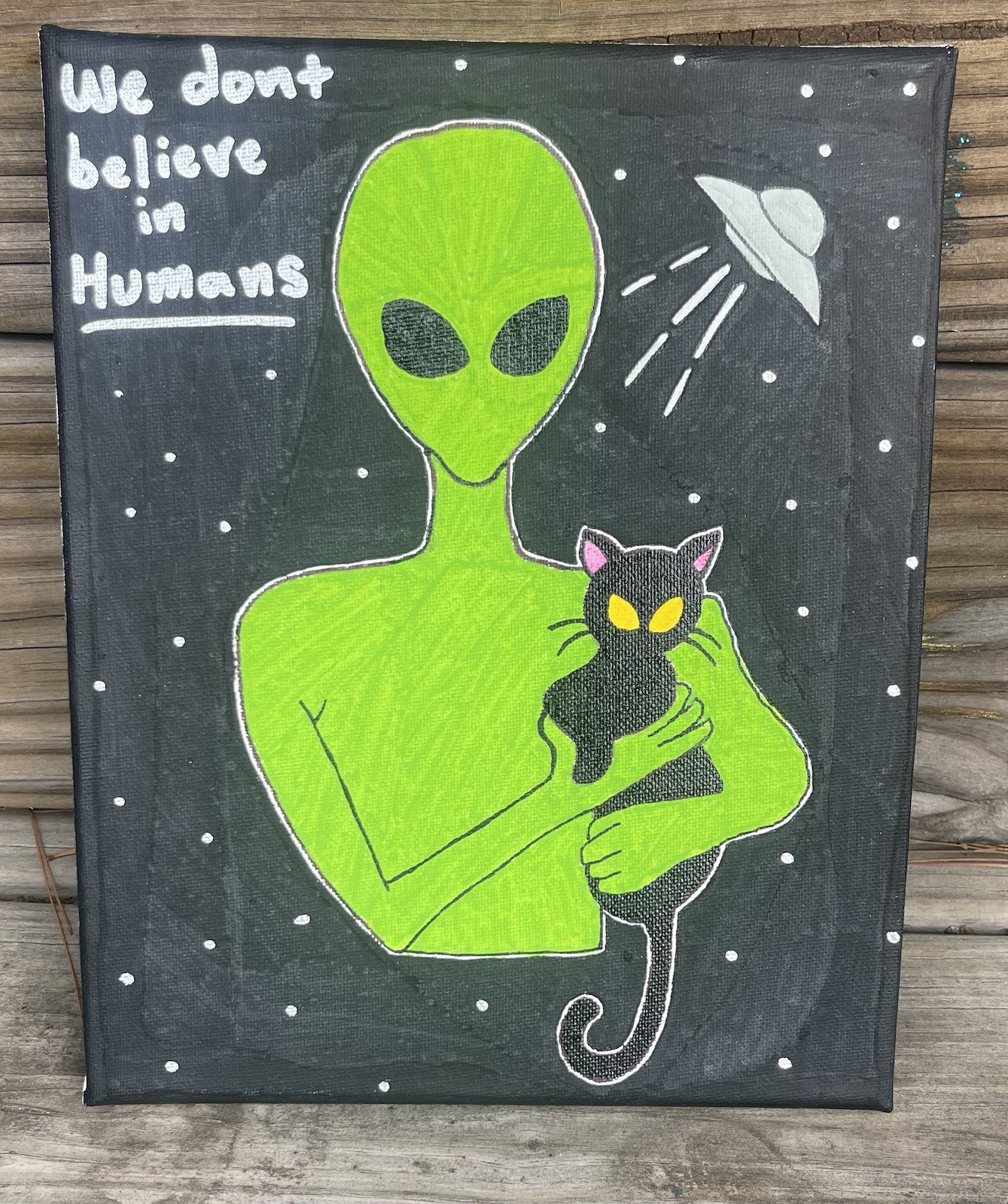 We Dont Believe In Humans Alien And Cat Painted Canvas