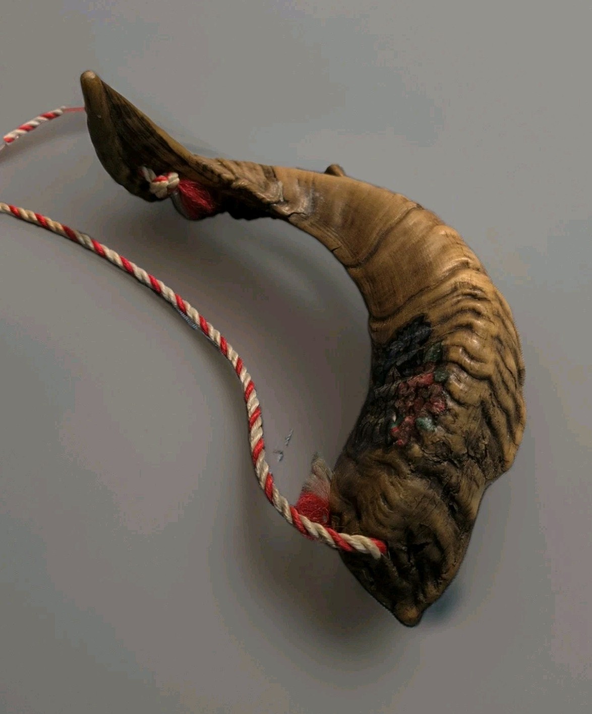 Vintage Israeli Hand-Painted Shofar Ram Horn with Flowers & Brass Mouthpiece 14\