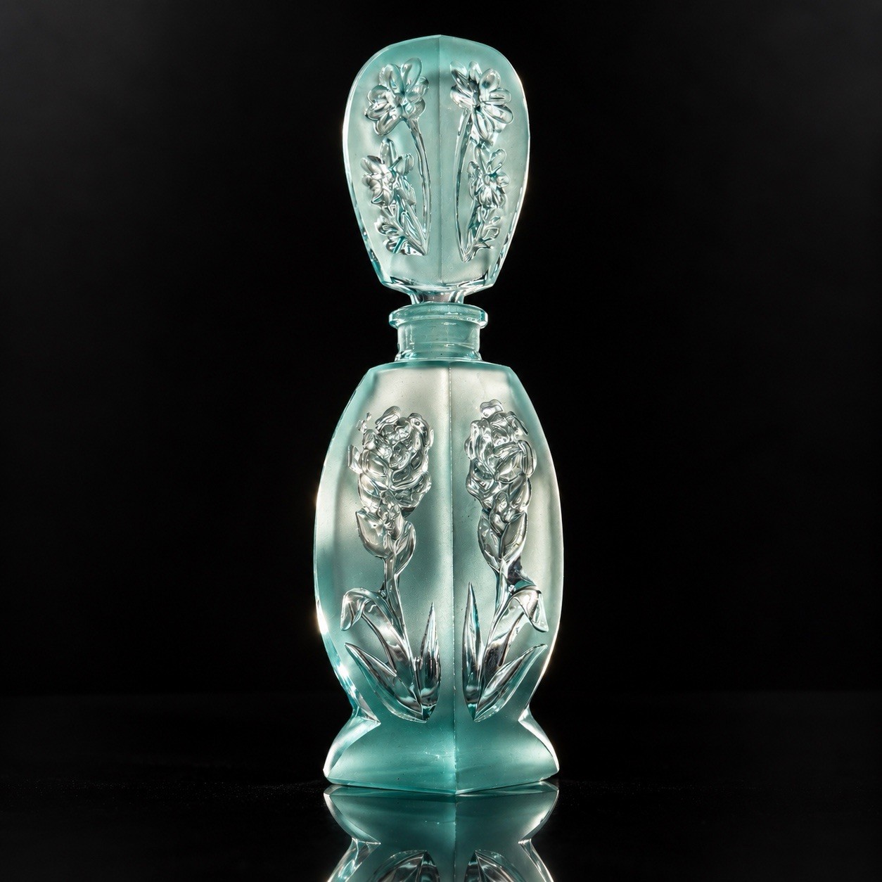 Vintage Aqua Blue Frosted Glass Perfume Bottle Floral Stopper