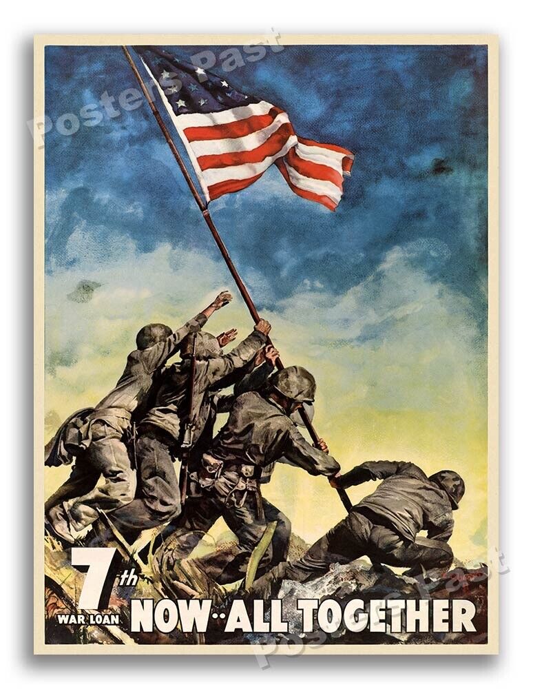 1940s “Now . . . All Together” Iwo Jima WWII Historic War Poster - 18x24