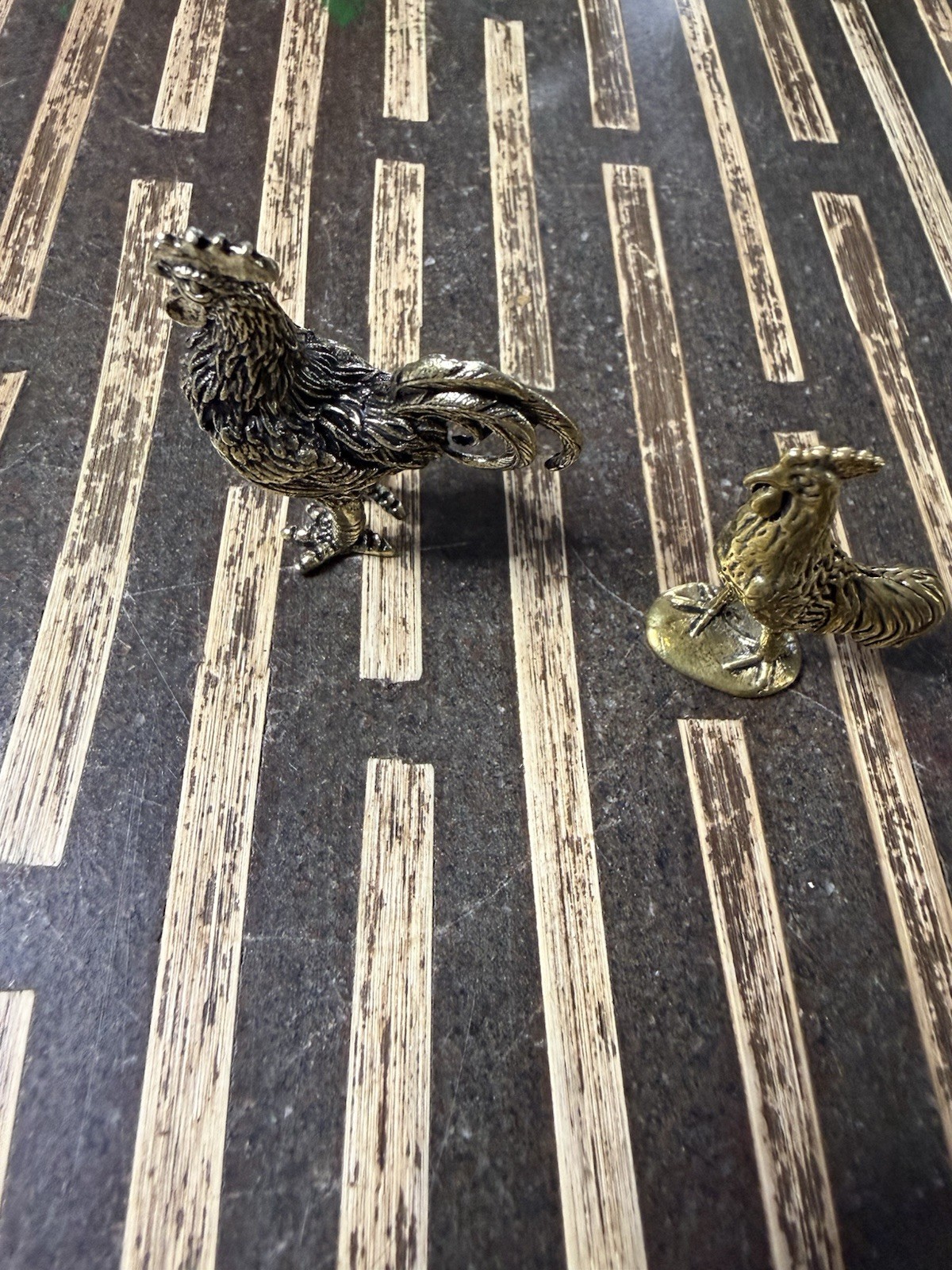 Pair Vintage Metal Rooster Figurines Brass Pewter Tone Mini Farmhouse Decor