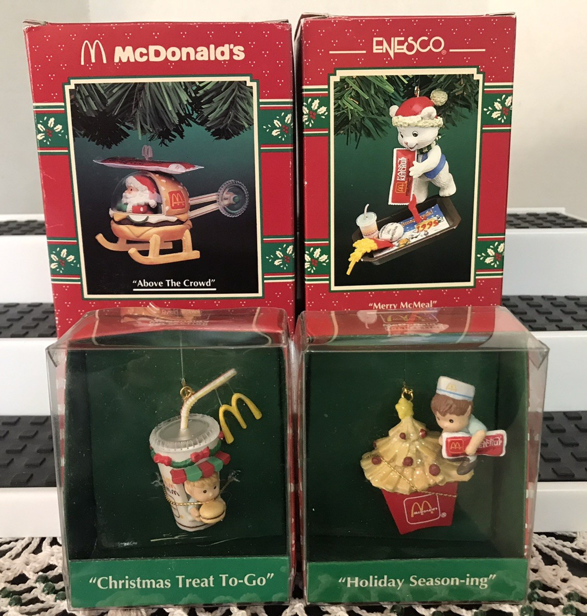 MCDONALD\'S ENESCO CHRISTMAS ORNAMENT LOT  OF 4 ABOVE THE CROWD HAPPY MCMEAL PLUS