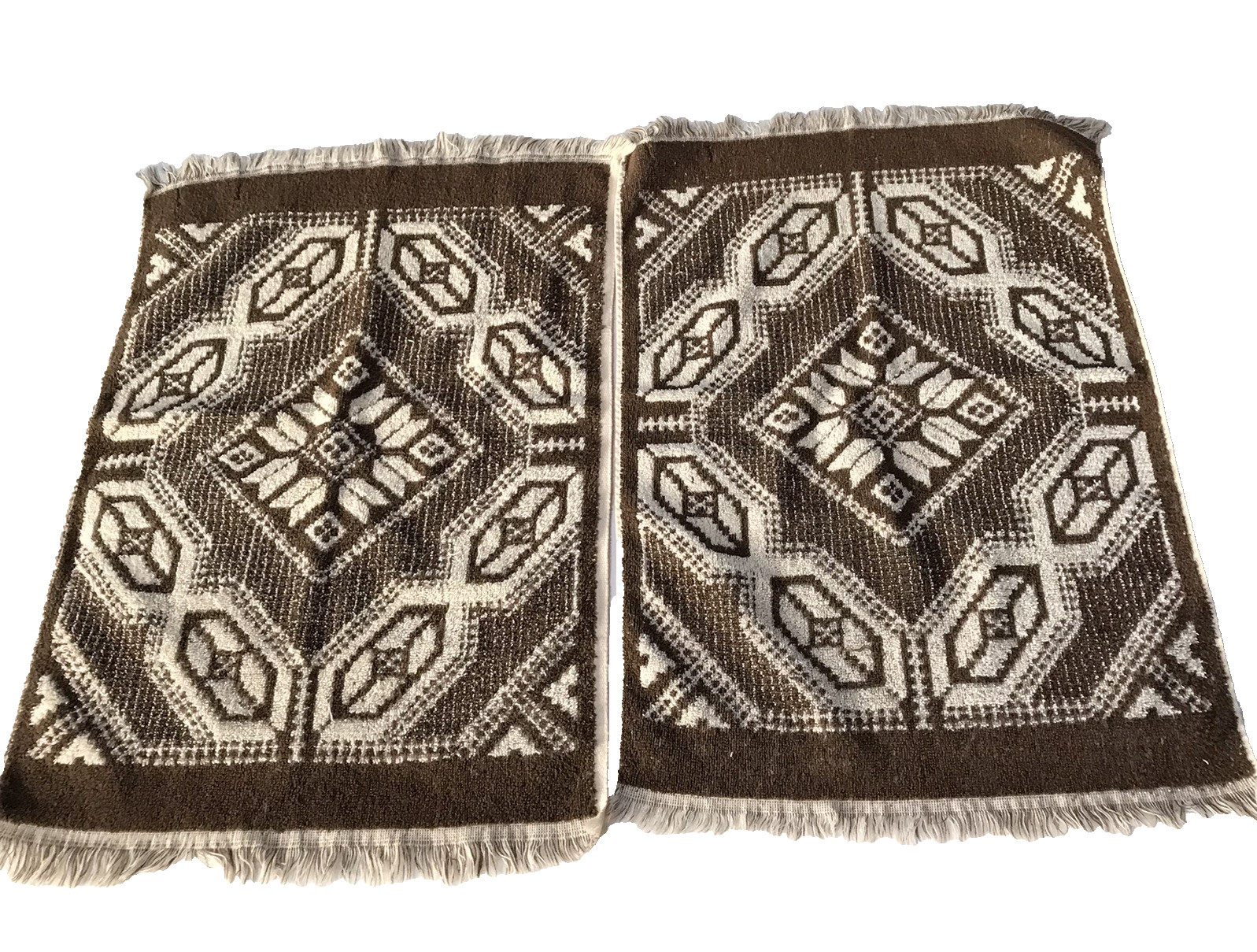 Vintage Cannon Royal Family Geometric Print Hand Towels Fringe Brown Cream MCM