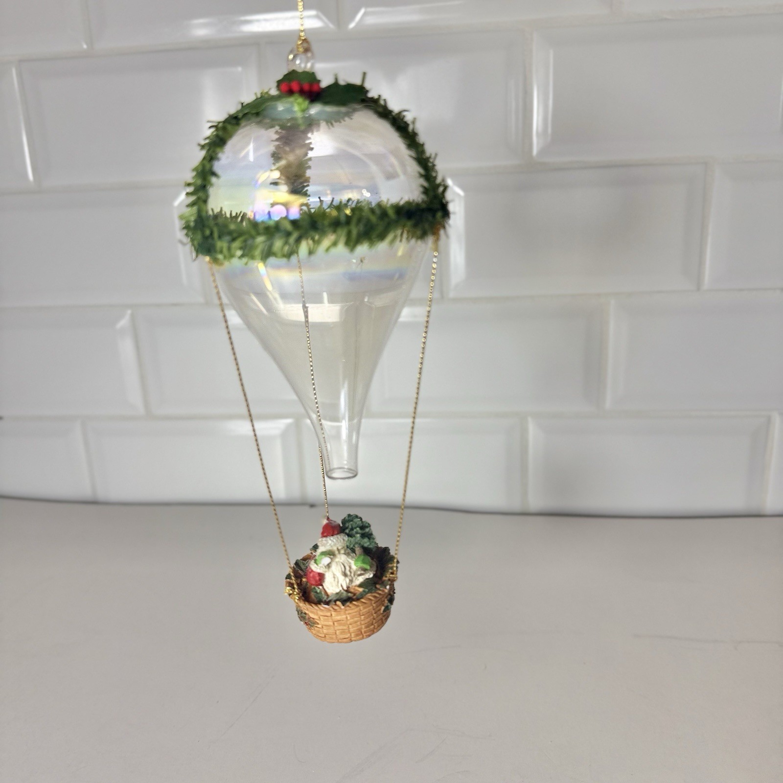 Vintage 1970s Blown Glass Hot Air Balloon Christmas Ornament Santa In Basket MCM