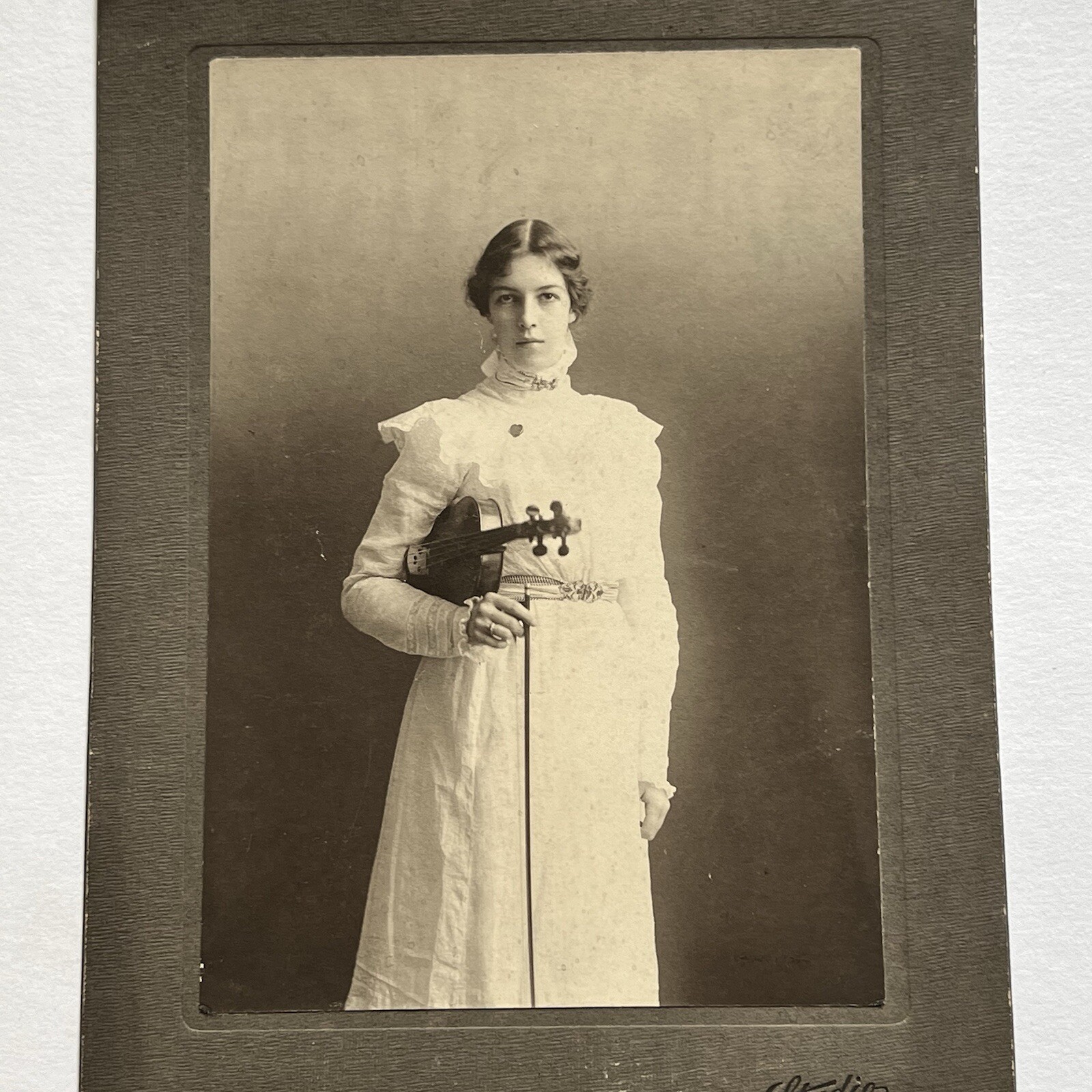 Antique Photograph On Board Beautiful Young Woman Violin Heart Eau Claire WI