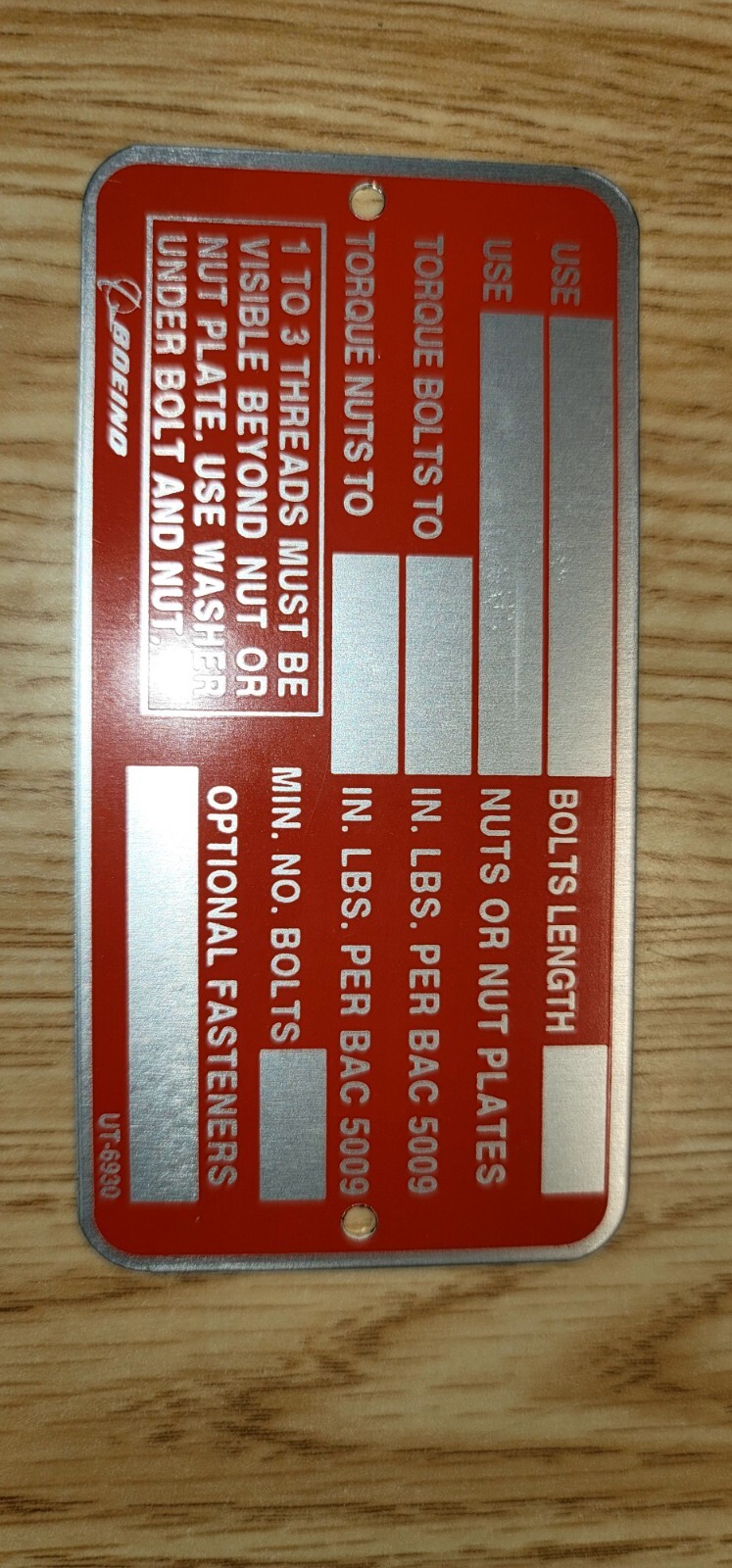 Boeing Aircraft Co UT-6930 Tag Metal Plate - 4