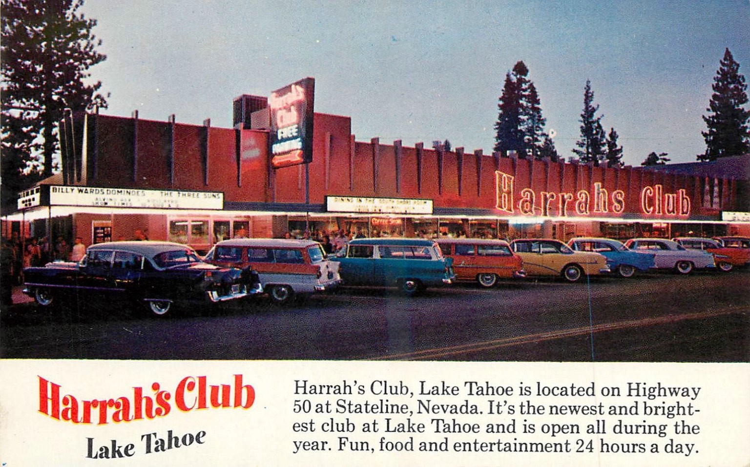 Harrah\'s Club Lake Tahoe Stateline Nevada Casino Postcard 1950s autos neon Harrah\'s Club Lake Tahoe Stateline Nevada Casino Postcard 1950s autos neon