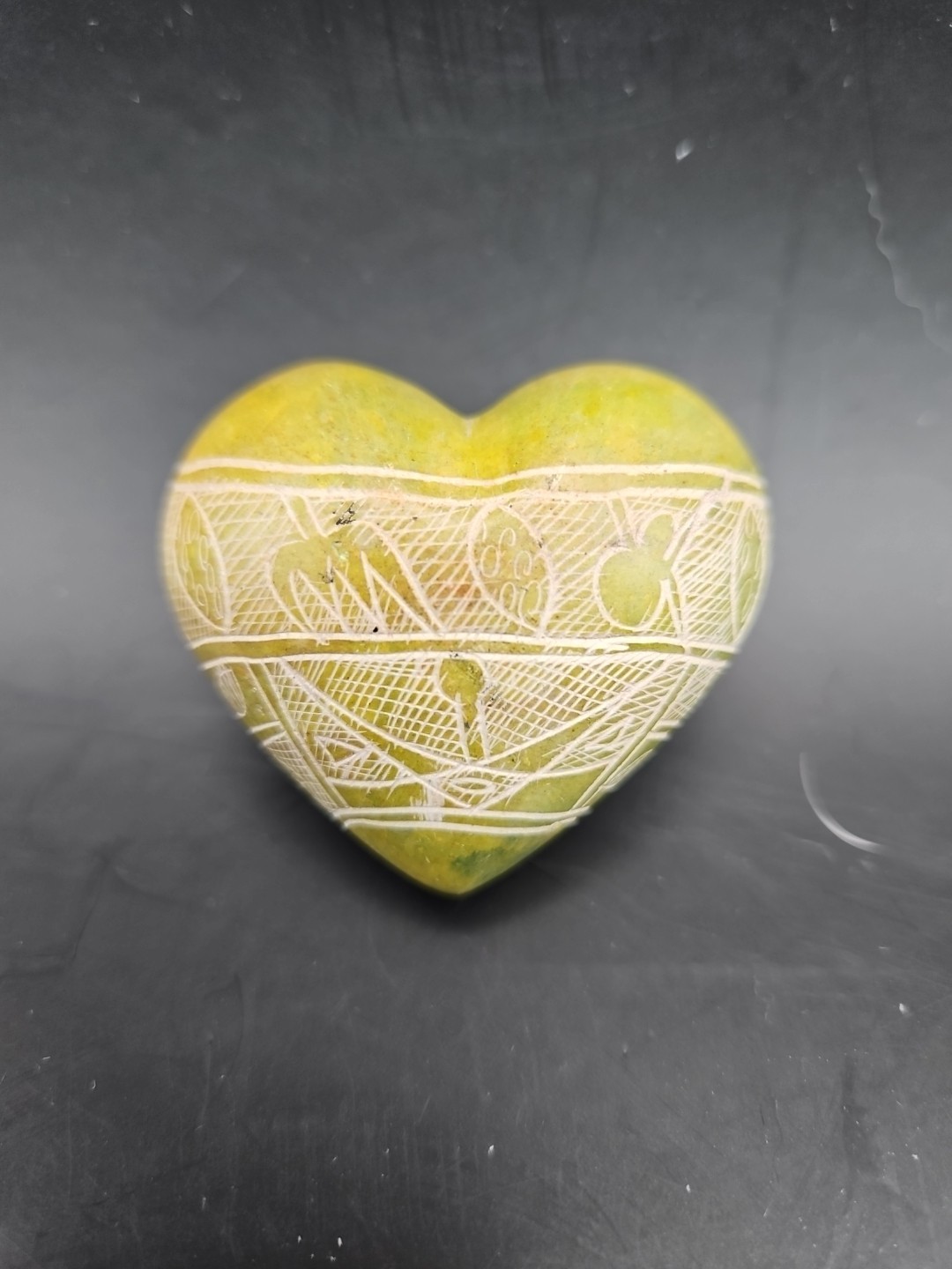 Soapstone Hand Carved Heart Shaped Yellow Green Paperweight 