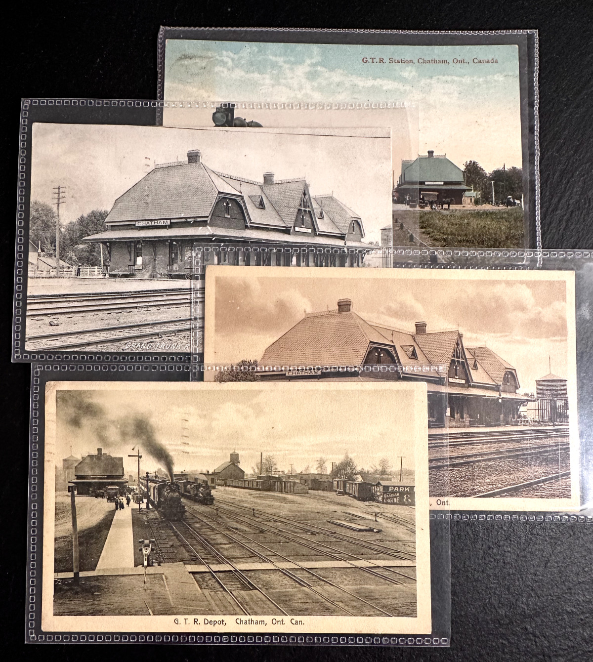 FOUR ANTIQUE GRAND TRUNK RAILWAY CHATHAM STATION DEPOT ONTARIO CANADA POSTCARDS