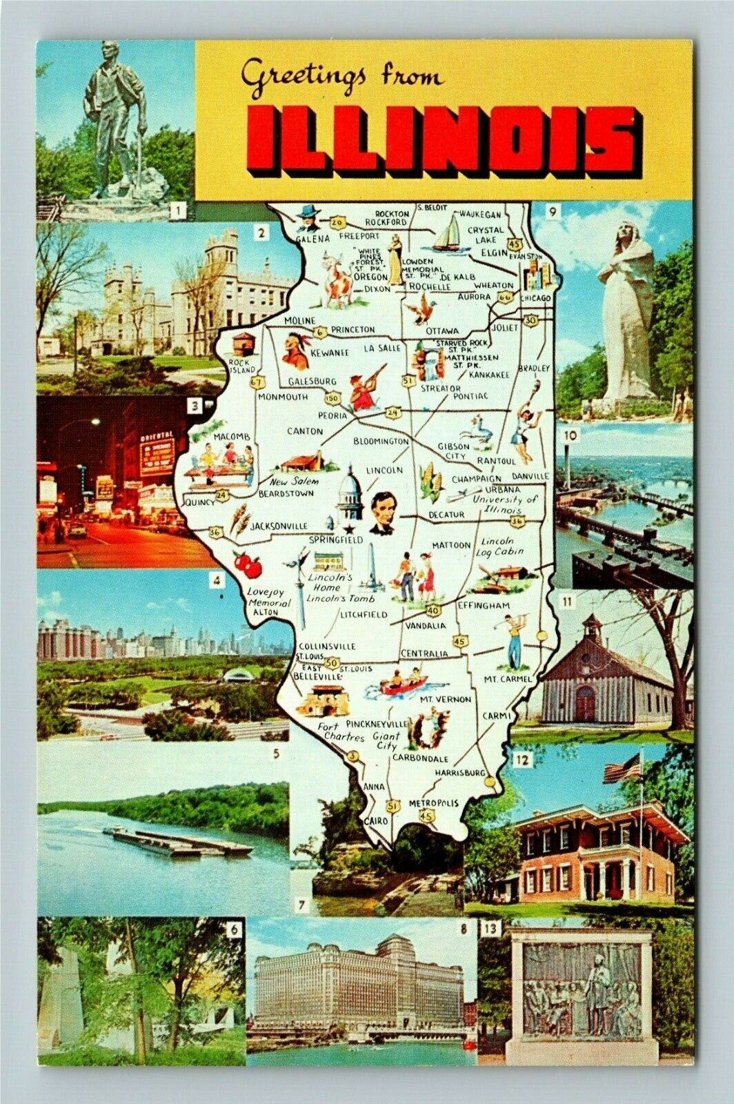 IL-Illinois, General Greetings, State Road Map, Tourist Spots, Vintage Postcard