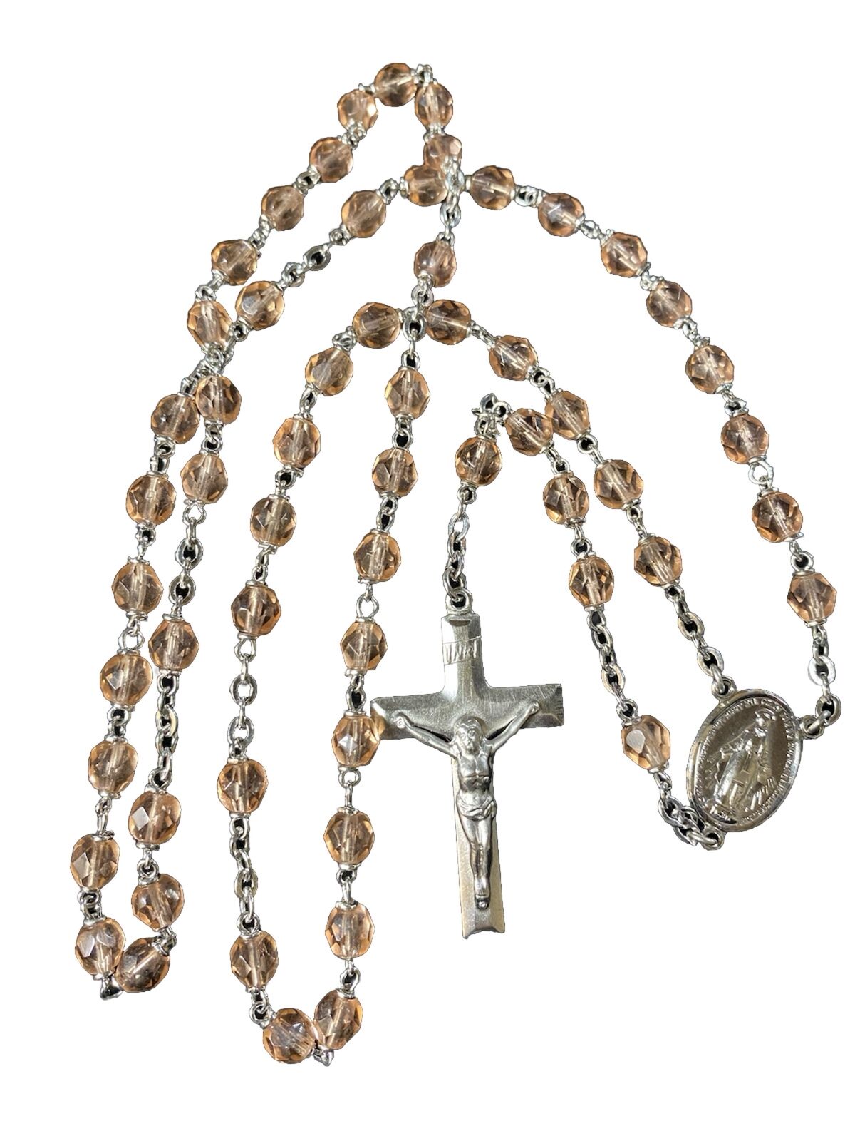 3 Vintage Silver Tone Holy Rosaries Pendants Cross Angel Glass Wood Beads 28 in
