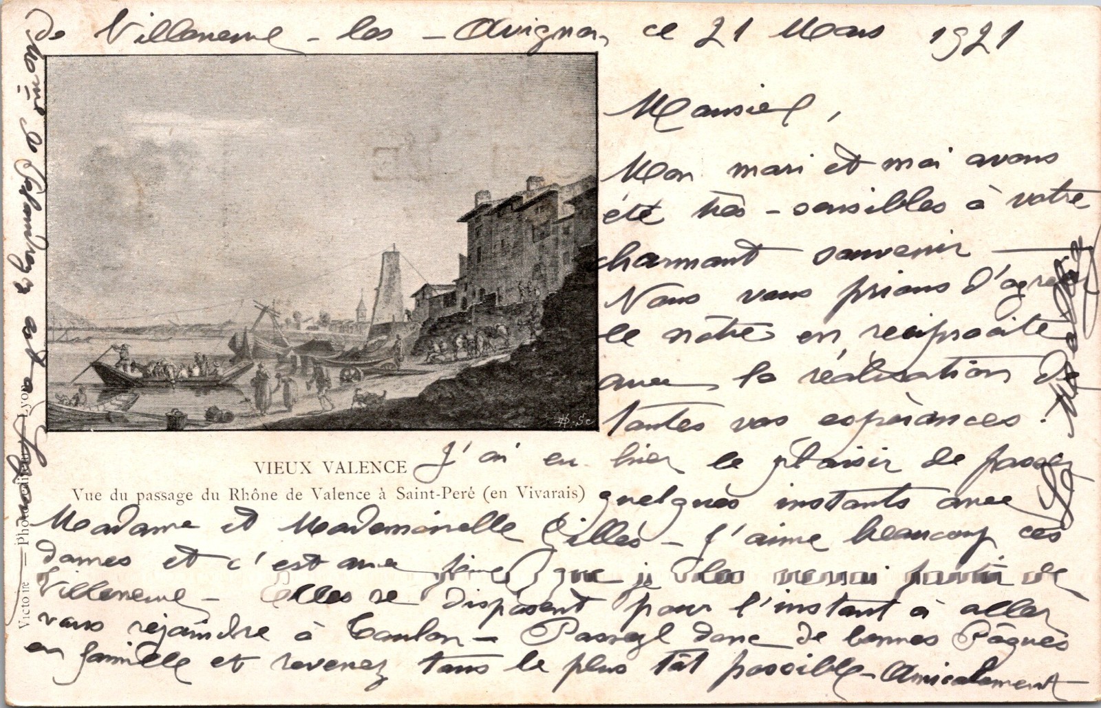 Vieux Valence, Scene on the Rhone River French Postcard Undivided Back, Boats