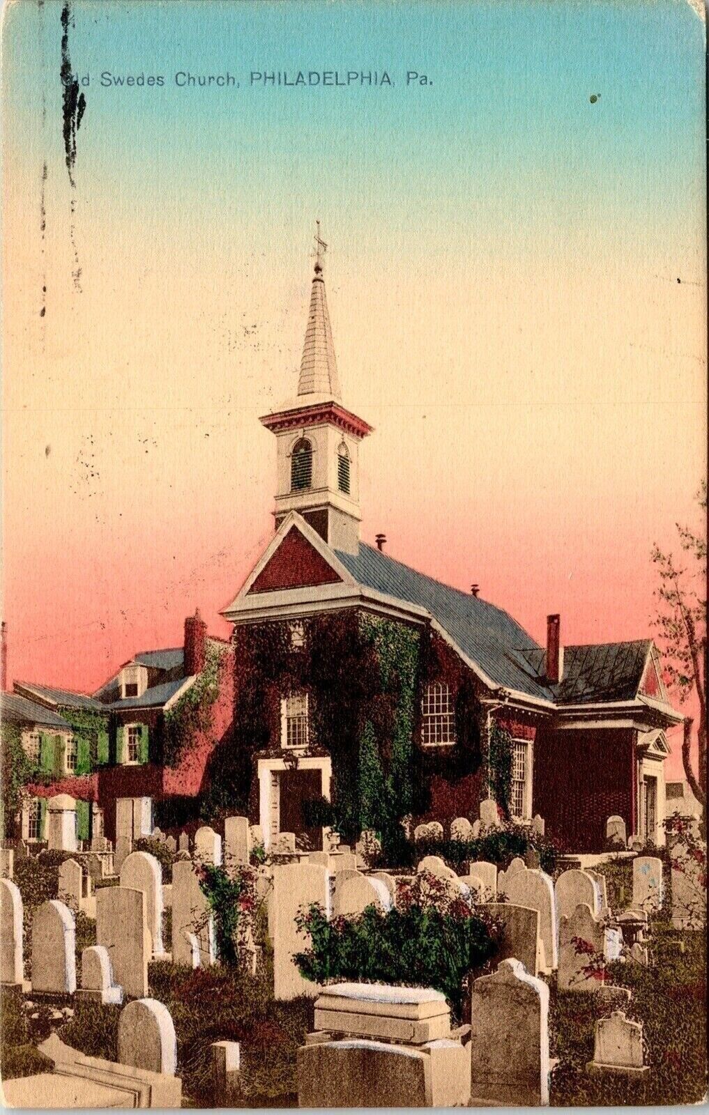 Old Swedes Church Philadelphia PA Pennsylvania Sunset Antique Postcard PM Cancel