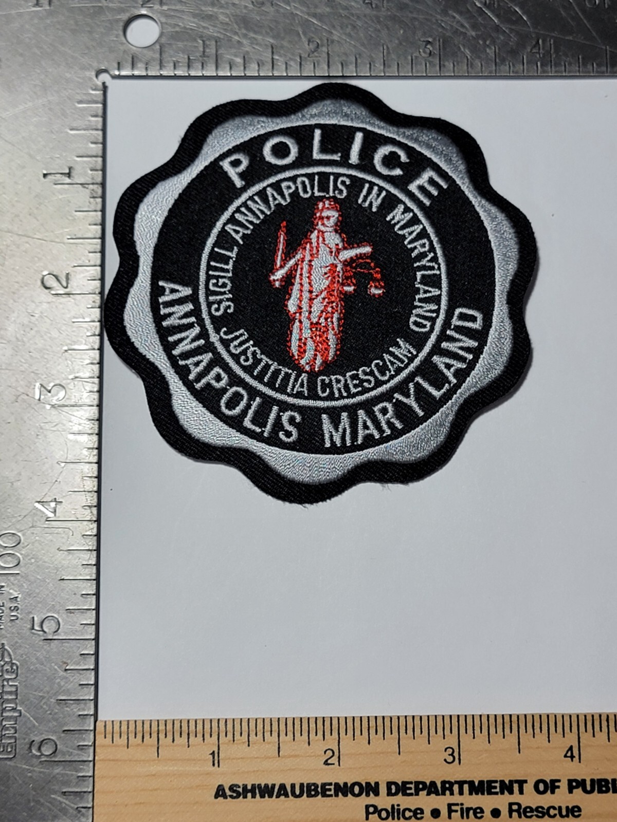 Bin2 B2 Police patch Maryland Annapolis Black Border Silver lettering MD