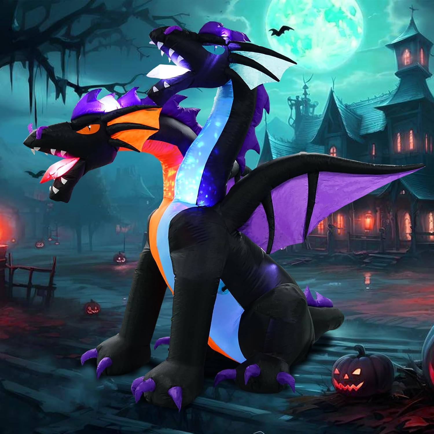 7FT Tall Halloween Inflatables Dragon with 2 Heads, Fire and Ice Blow up Dragon