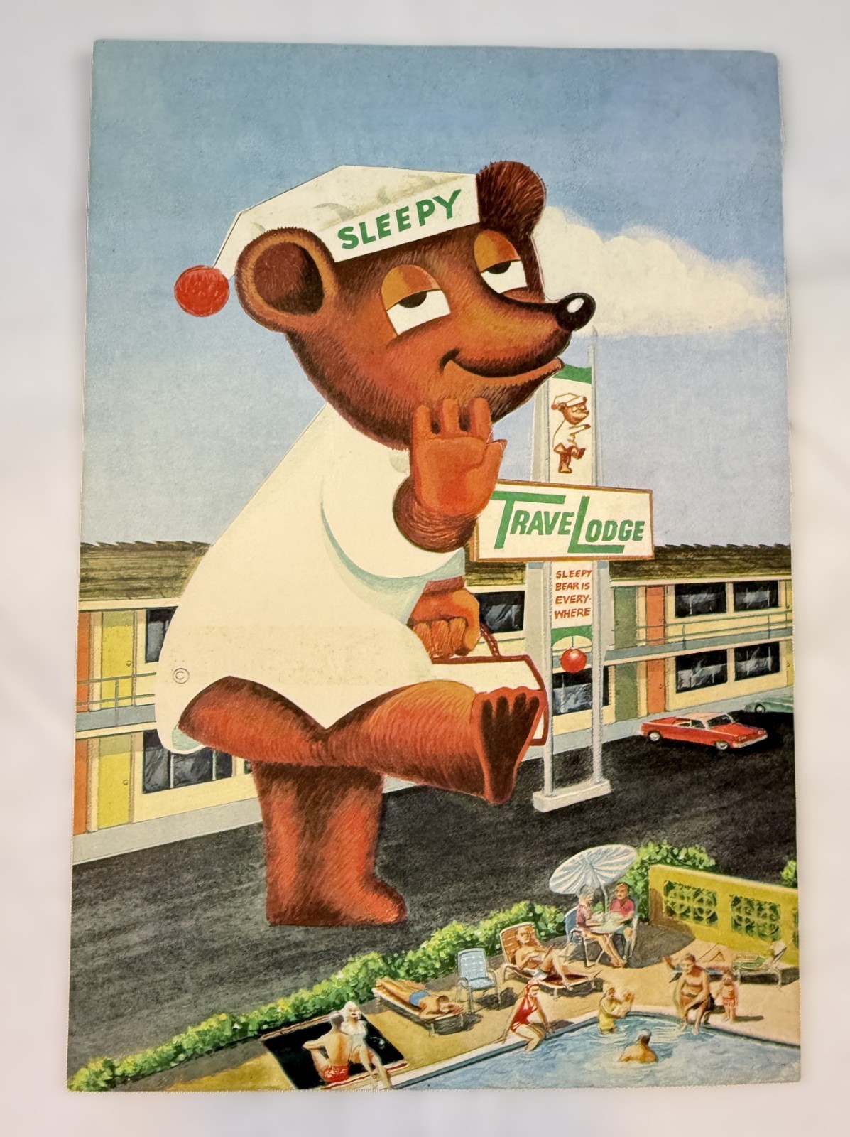 1960s TRAVEL LODGE SLEEPY BEAR IS EVERYWHERE DIE CUT CUTOUT POSTCARD VINTAGE