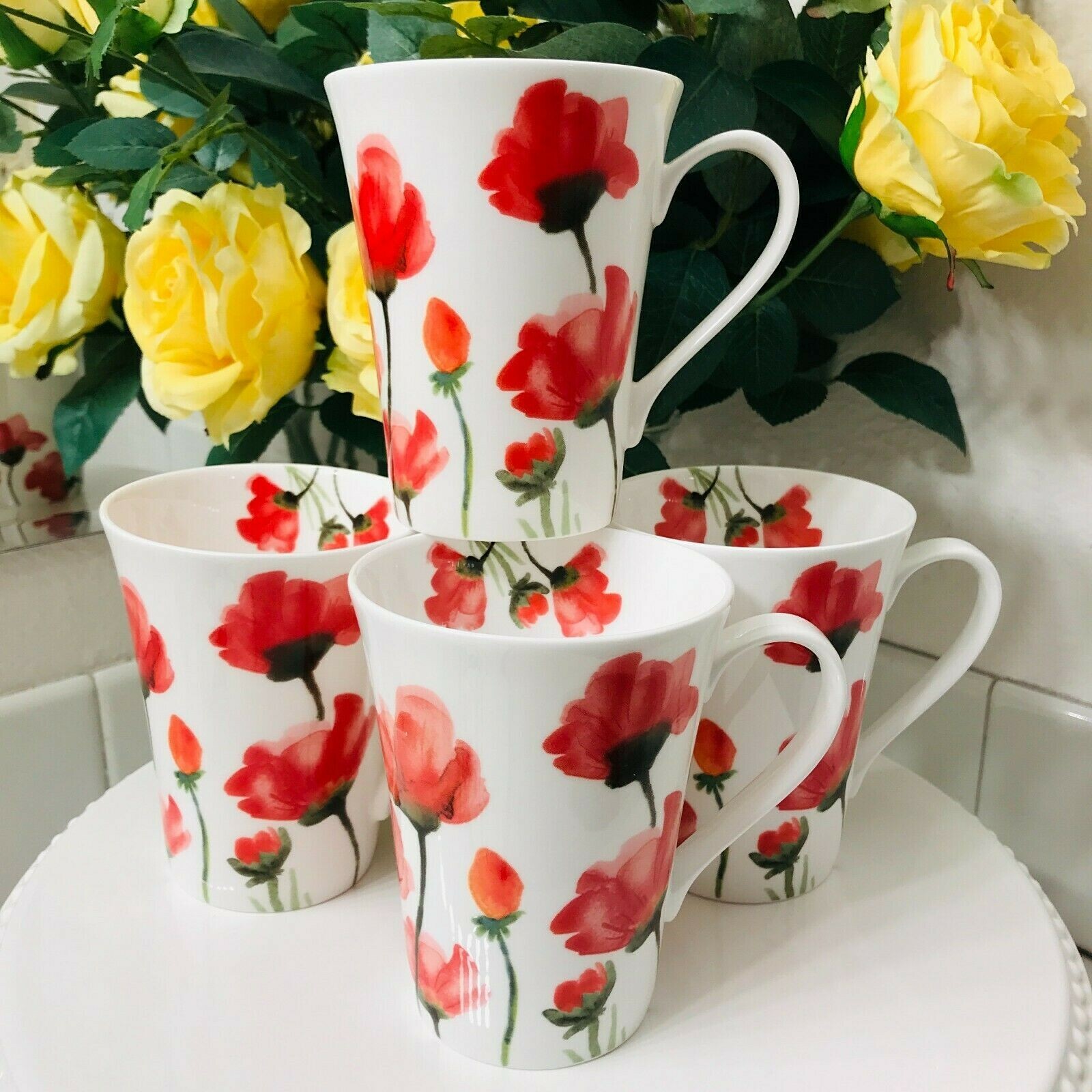 Mikasa KEIRA Bone China Coffee Mug Cup Set Bunny Easter Spring Floral Red Poppy
