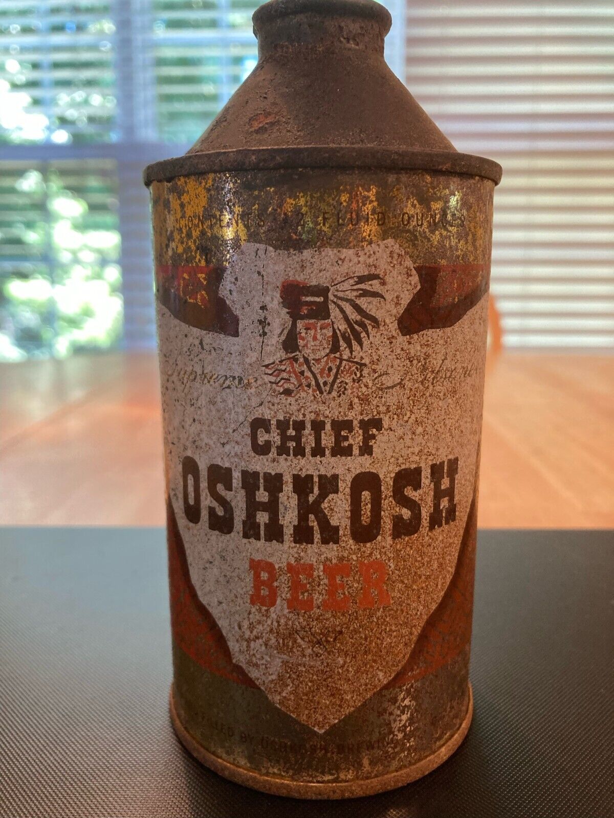 Chief Oshkosh Beer, HP CT TO, Empty Outdoor Can, Holes on Spout