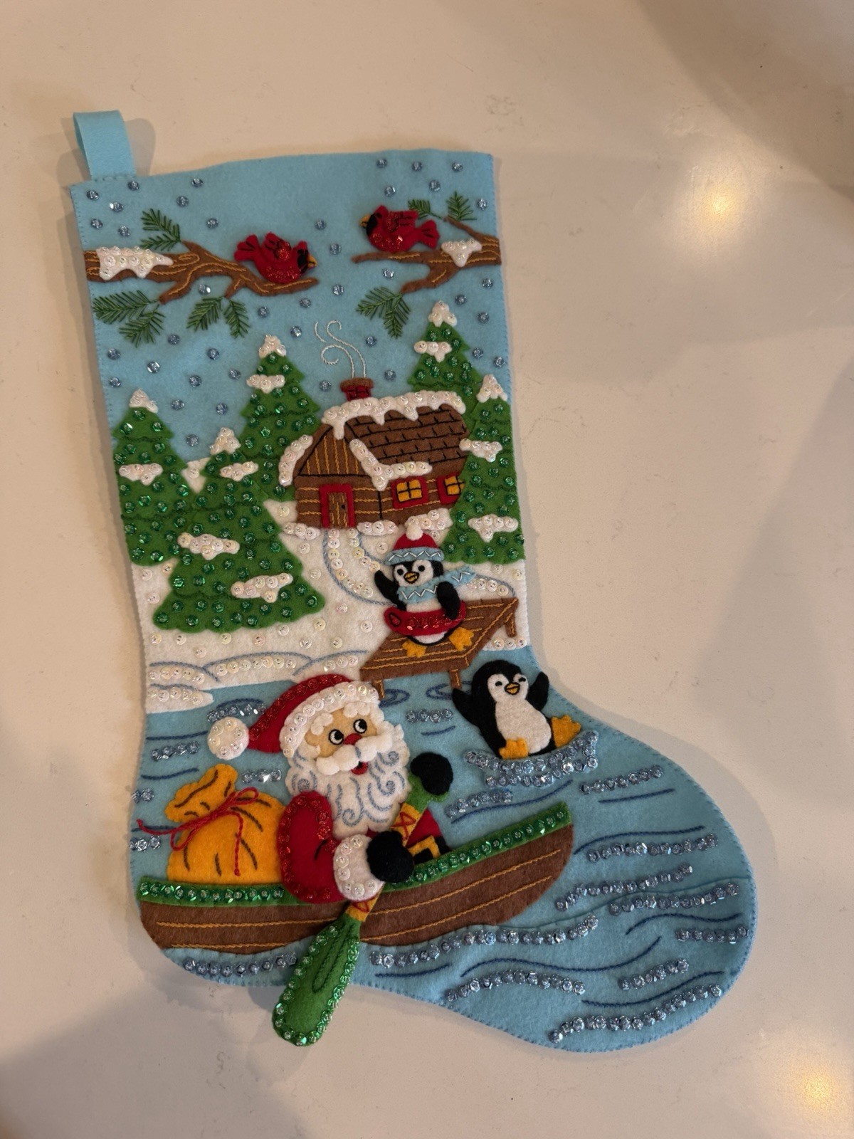 Completed Bucilla 18” Santa’s Lakeside Delivery Felt Christmas Stocking