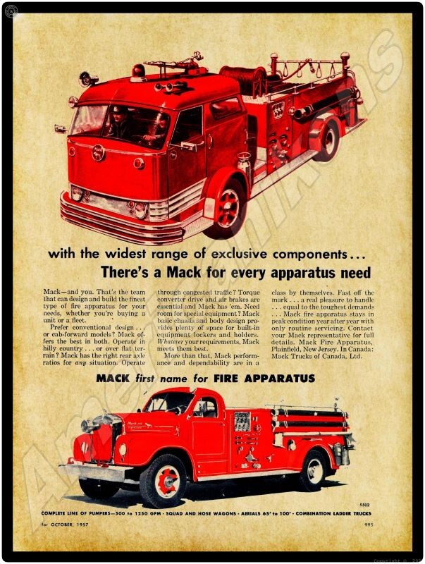 1957 Mack Truck Fire Apparatus, Pumpers New Sign-18x24\