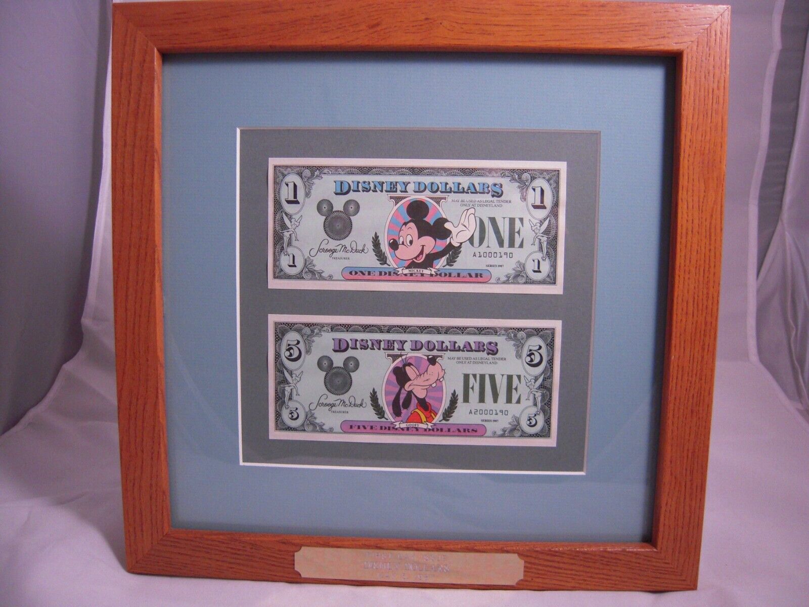 1987 1st Day Issue Disney Dollars, Disneyland $1 and $5 notes LOW Matching #'s