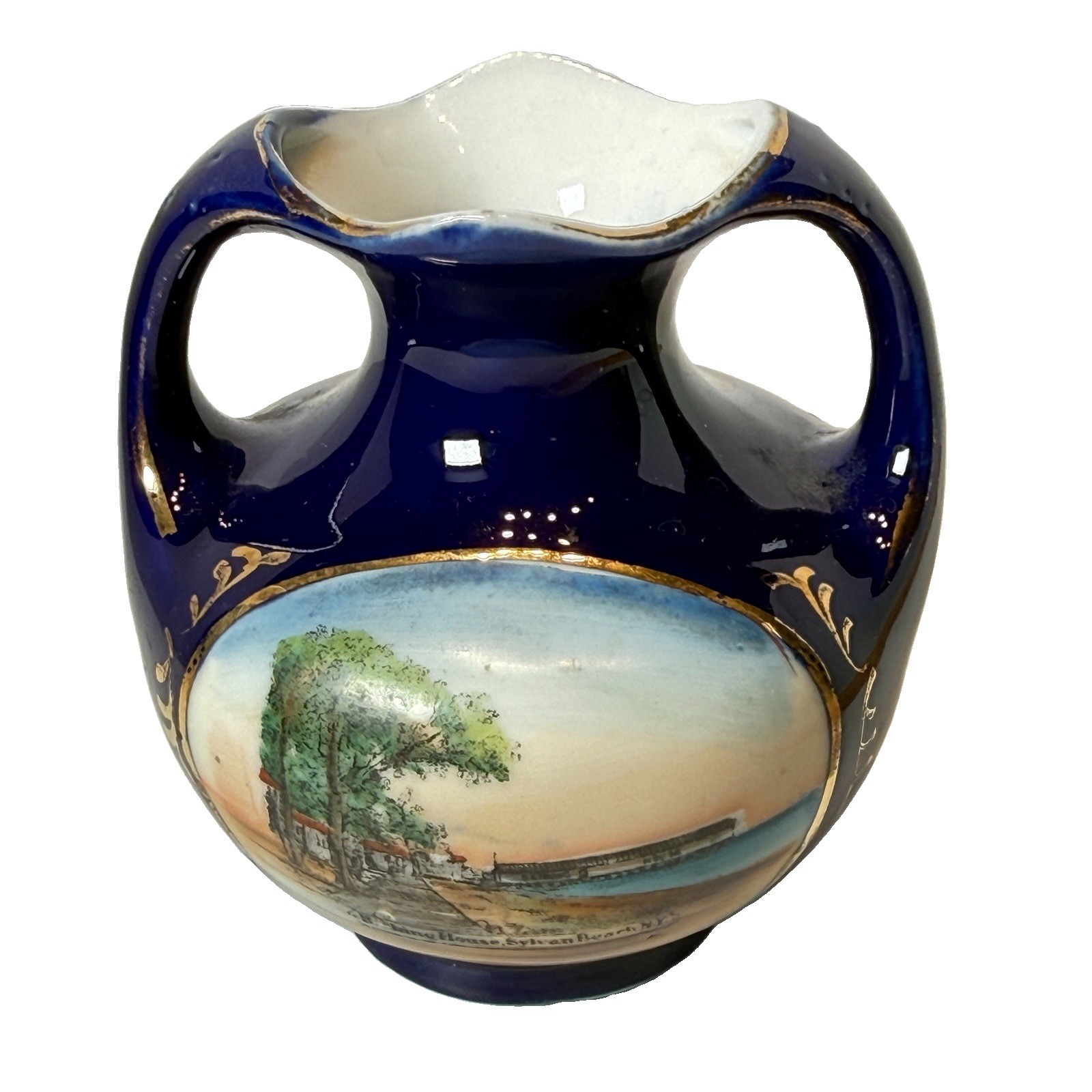 SYLVAN BEACH NY NEW YORK Antique BATHING HOUSE Souvenir COBALT TRINKET VASE
