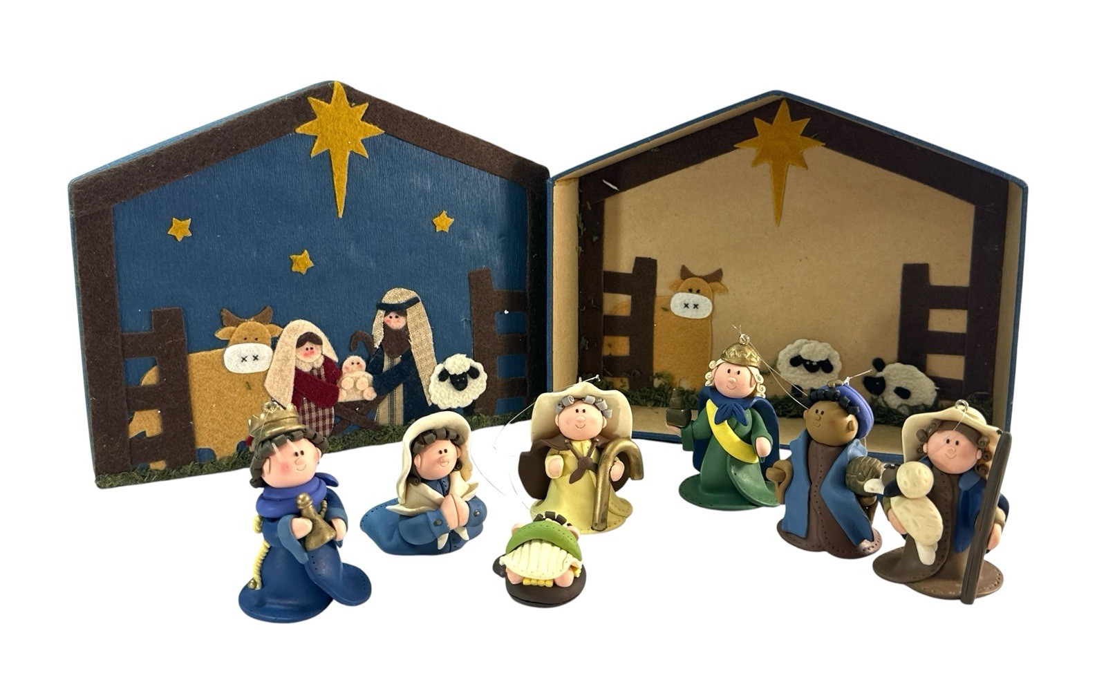 Vintage 2004 BAF Polymer Clay Nativity Ornament Set 7 Pc Felt Manger Box