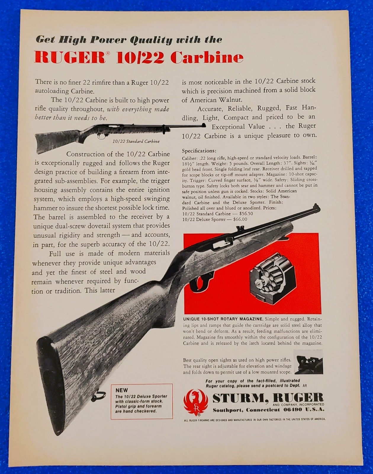 1972 Sturm Ruger 10/22 Classic Carbine 22LR American Hunting Firearm Print Ad