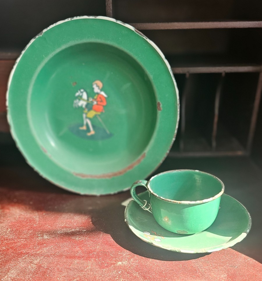 Antique Child's Green Enamelware Dishes plate/cup and lg. plate Germany