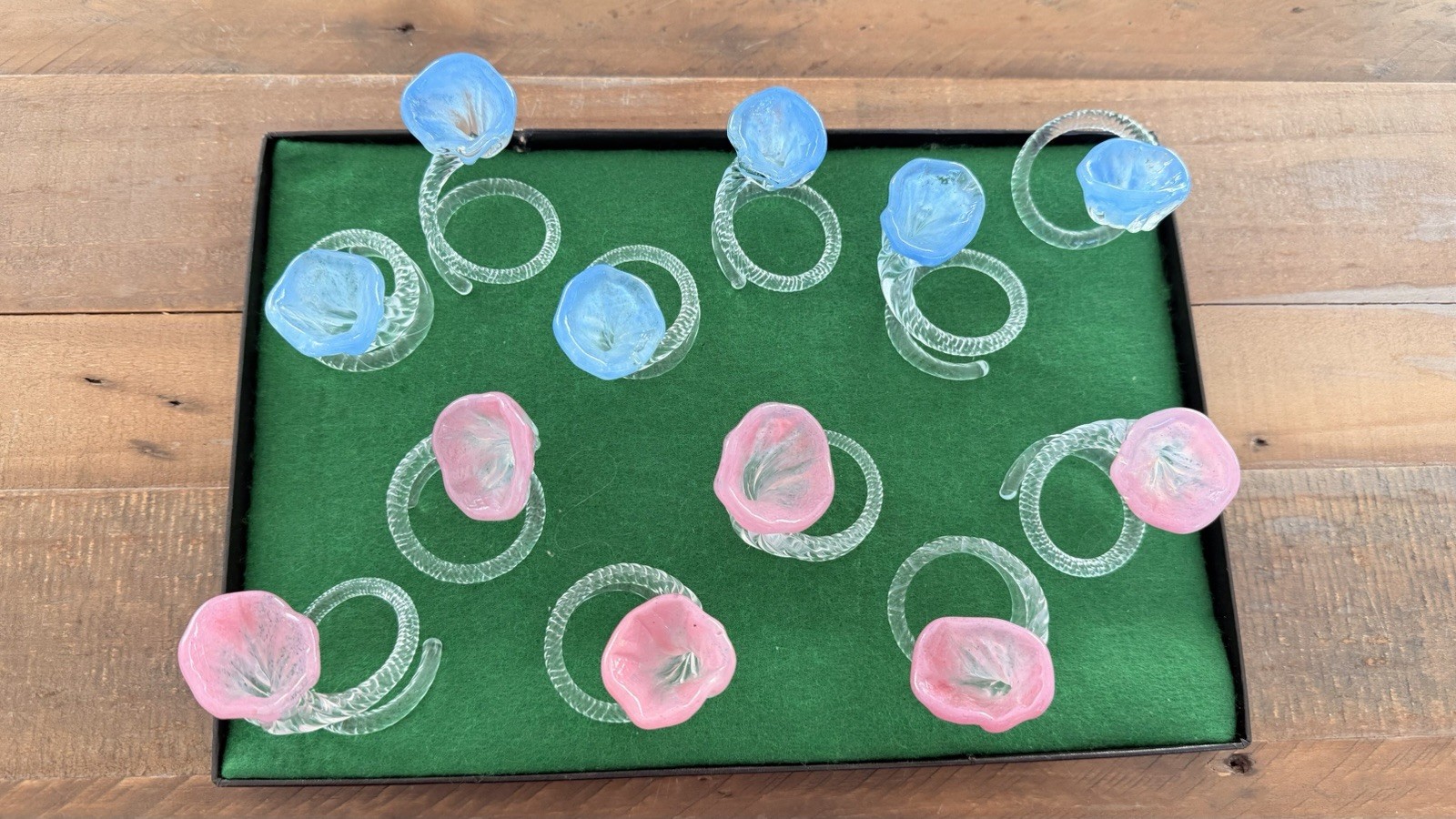 Vintage Hand-Worked Art Glass Floral Napkin Rings Set Pink & Blue Murano Style
