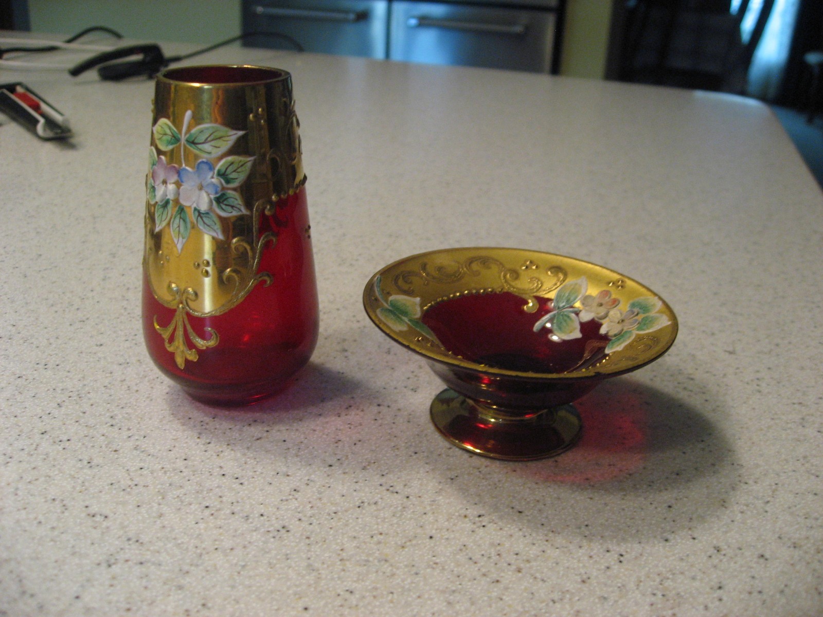 Murano Cranberry Glass Trefuochi Raised Flower Hand Painted Glass & Trinket Dish