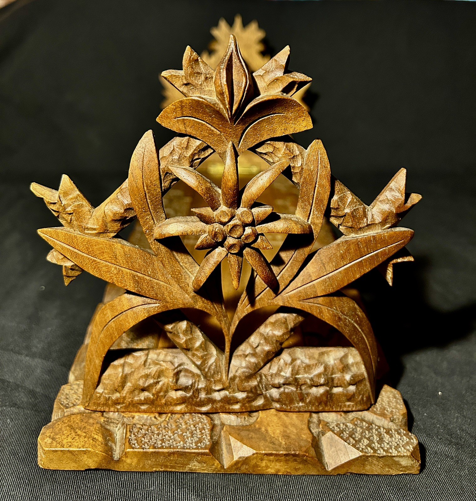 Antique Swiss Black Forest Carved Book Slide Edelweiss Carved Cobblestone Base