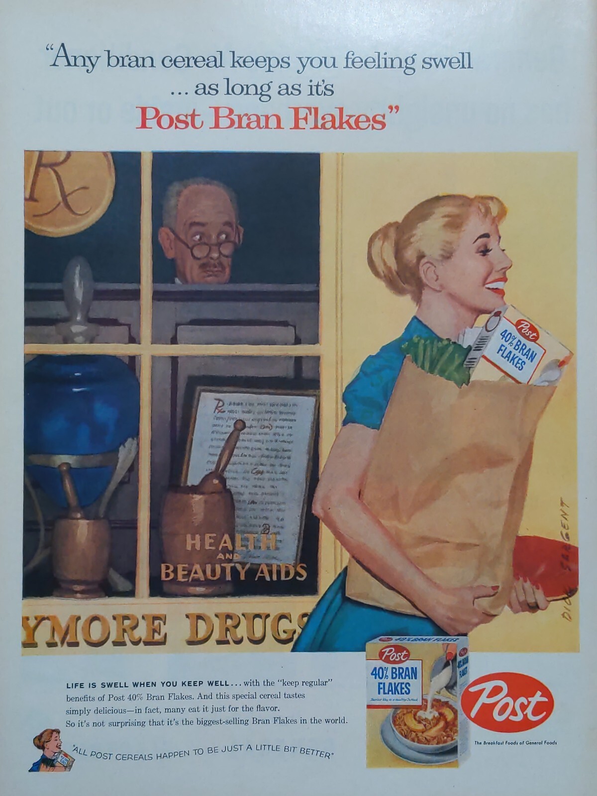 Vintage 1957 post bran flakes print ad. As long as it's post bran flakes