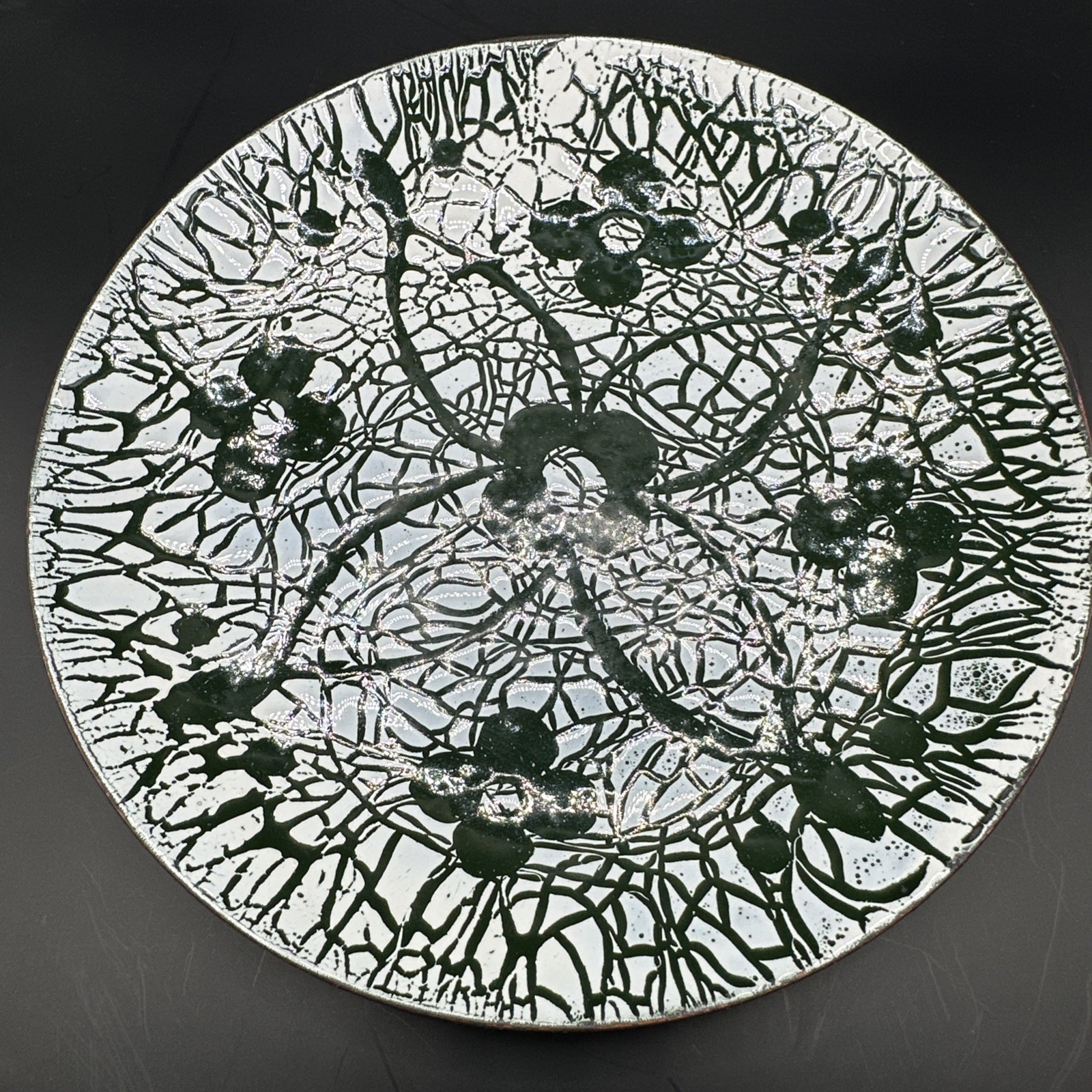 Vintage Enamel on Copper Floral Plate Modern Art Green White Geometric Art 5.75”