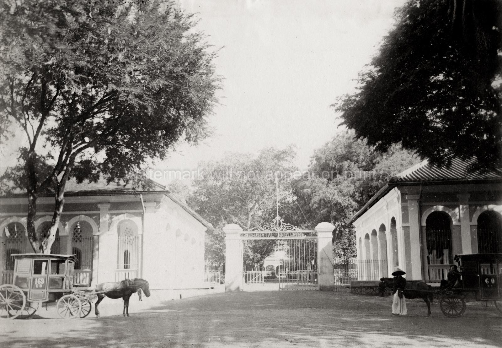 Saigon Military Hospital Gate Horse Carriage French Indochina Vtg. Photo 19thC.